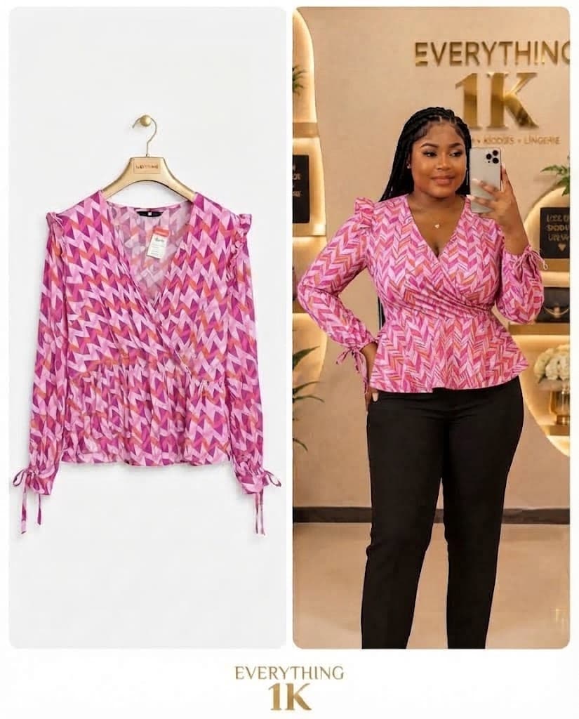 Pink Chevron Long-Sleeve Wrap Peplum Blouse