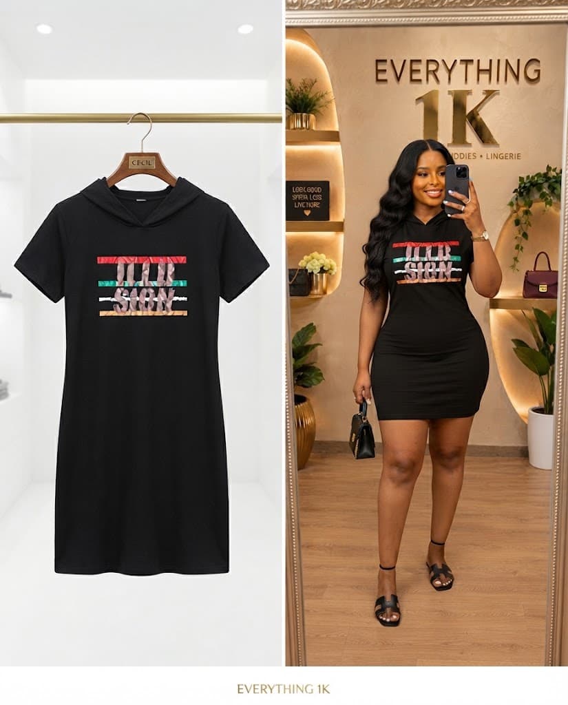 Black Casual Hooded Graphic T-Shirt Dress