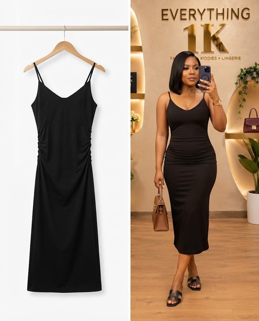 Black Ruched Bodycon Midi Dress