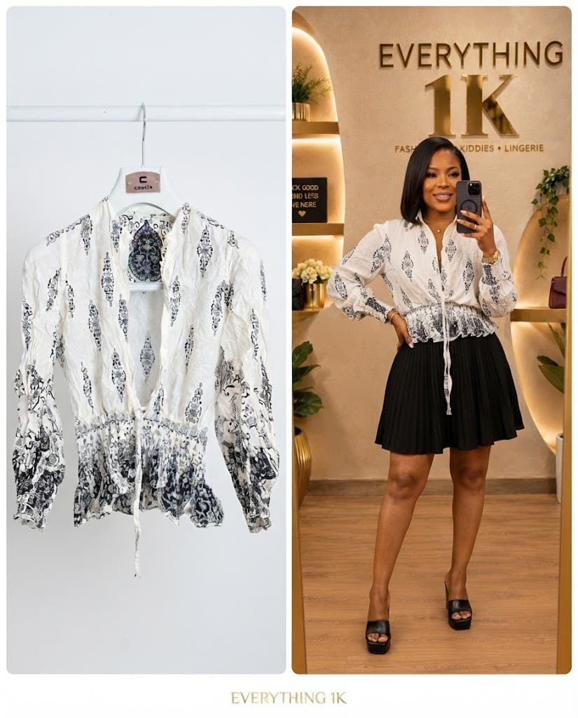 Casual White and Blue Printed Drawstring Blouse