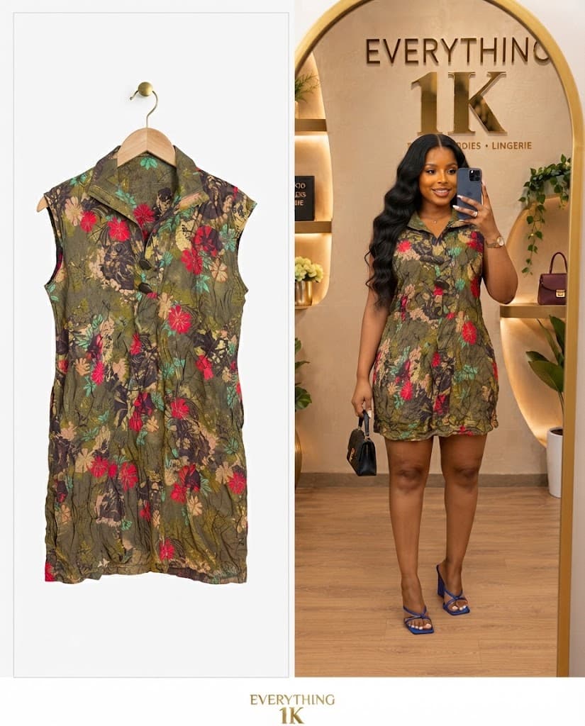 Olive Green Floral Print Sleeveless Mini Dress