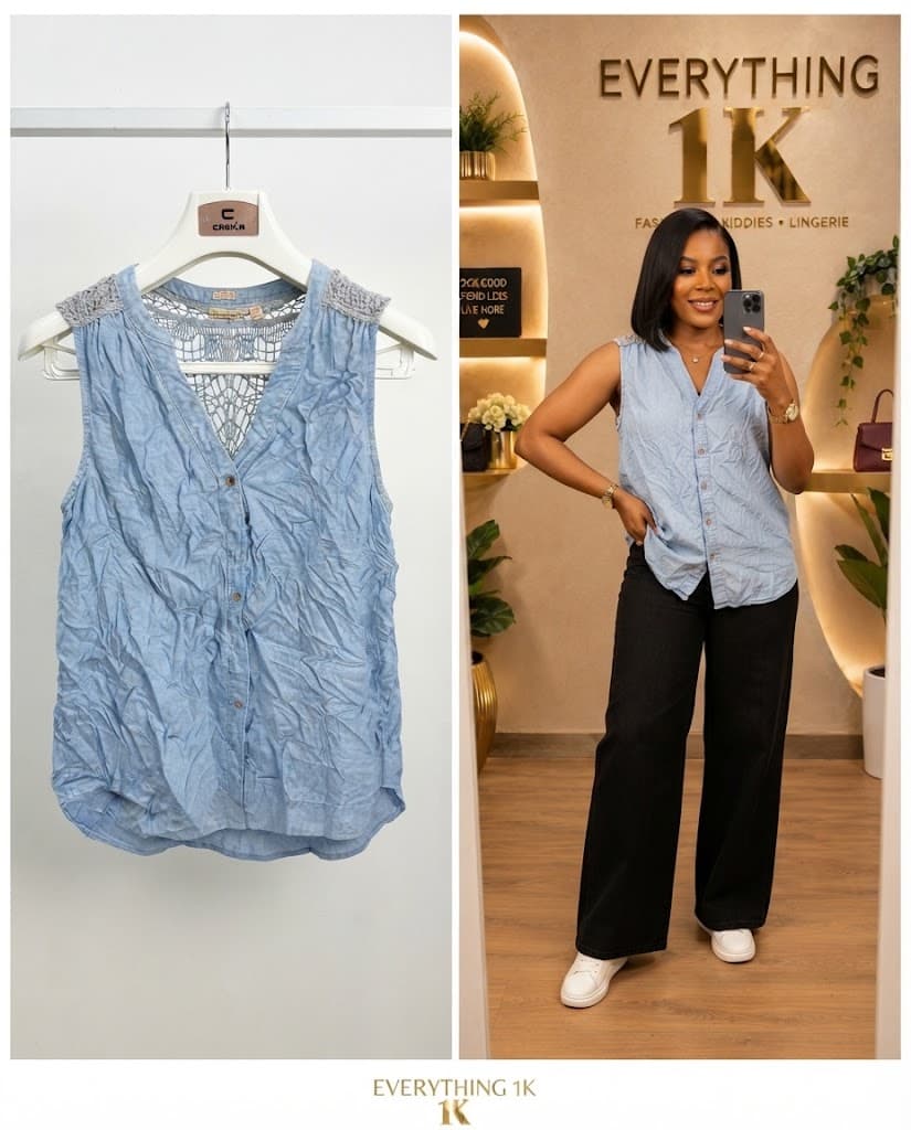 Casual Light Blue Button-Front Sleeveless Denim Top