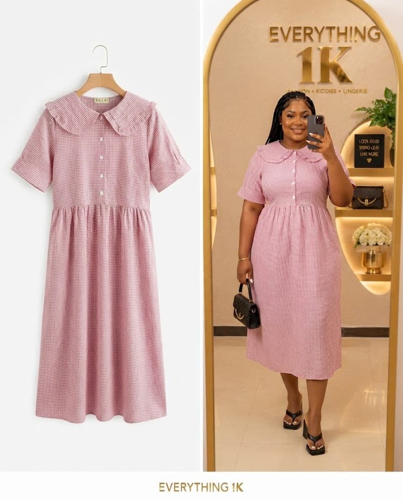Pink Gingham Midi Dress with Peter Pan Collar