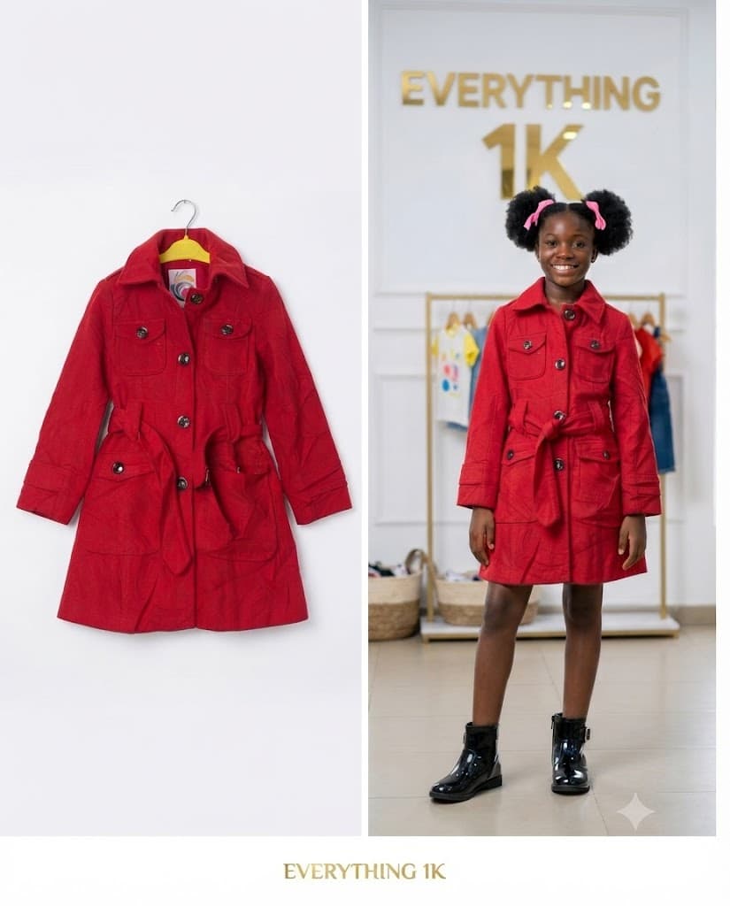 Girls Red Double-Breasted Winter Trench Coat (Ages: 7–10 Years)