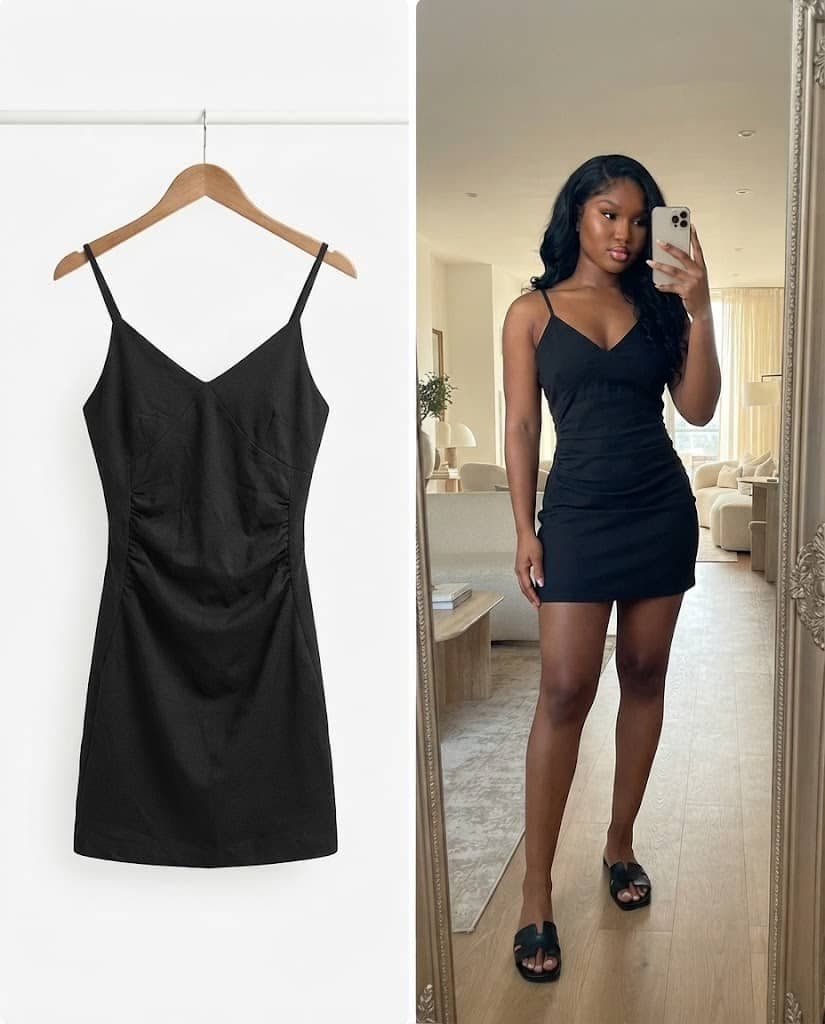 Black Spaghetti Strap Side-Ruched Mini Dress
