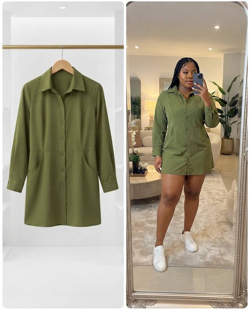 Olive Green Button-Down Utility Shirt Dress
