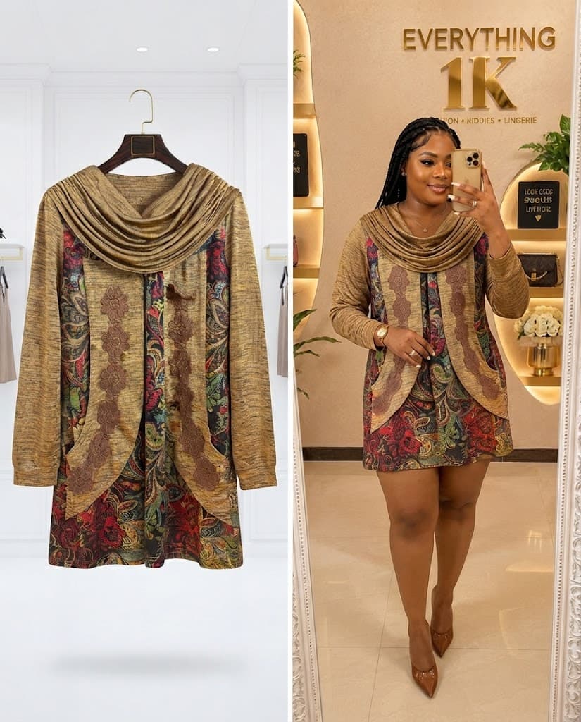 Gold Paisley Print Cowl Neck Tunic Dress