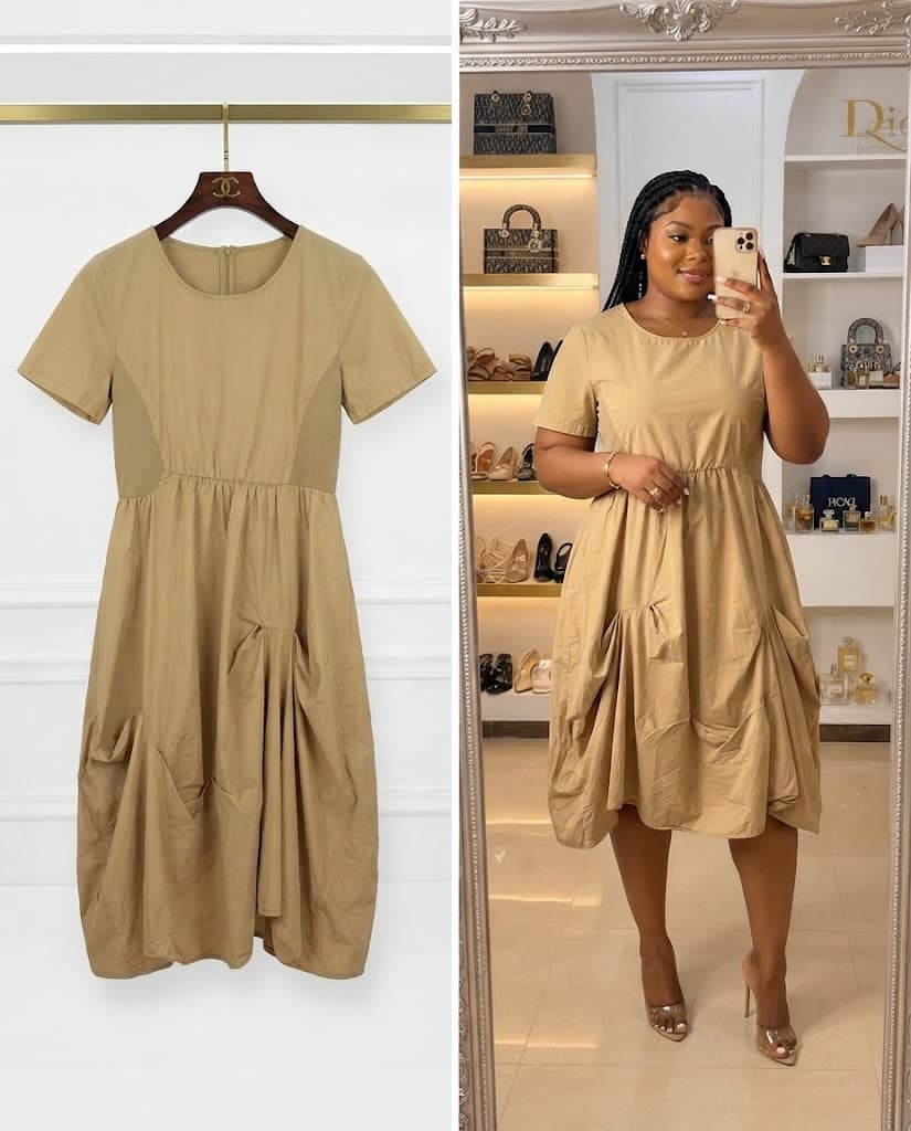 Beige Short Sleeve Pocket corporate Midi Dress
