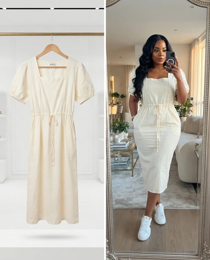 Cream Square Neck Puff Sleeve Midi Dress