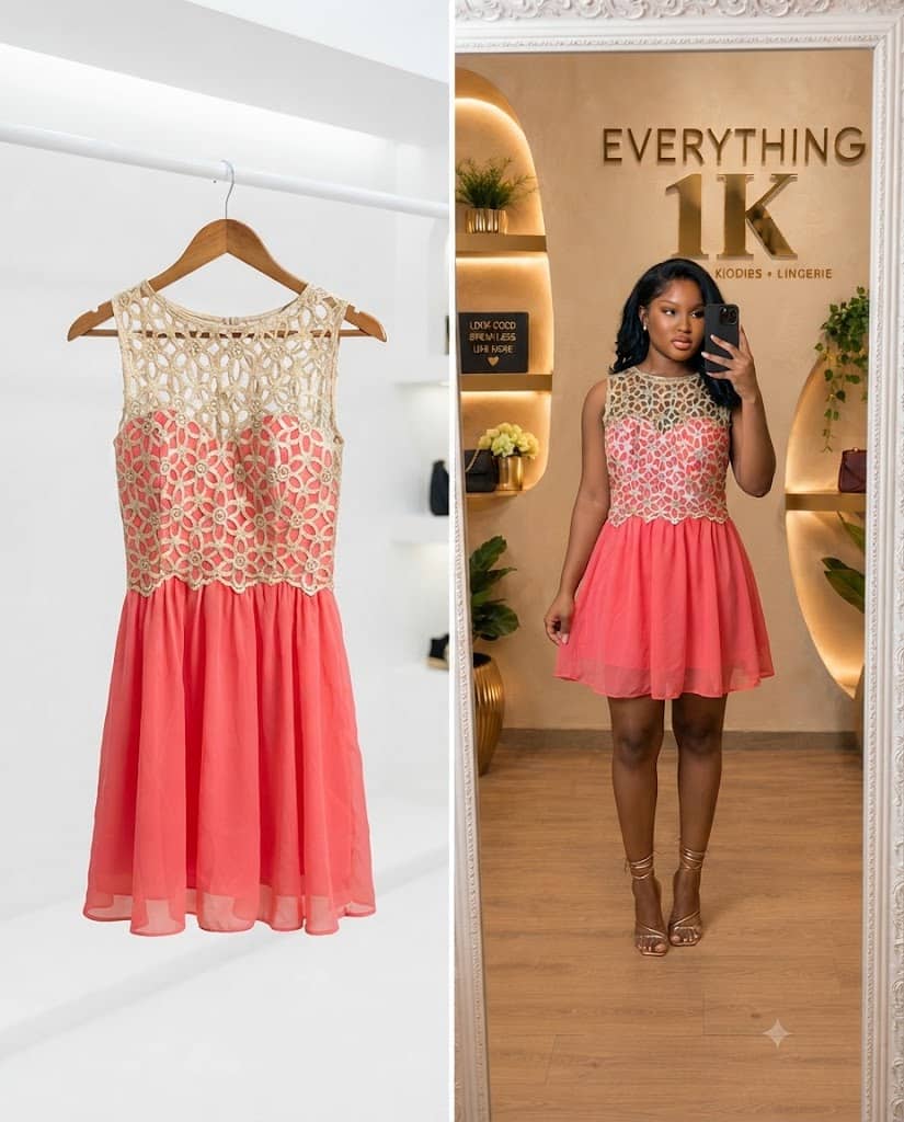 Coral Pink and Gold Lace-Accented Skater Dress