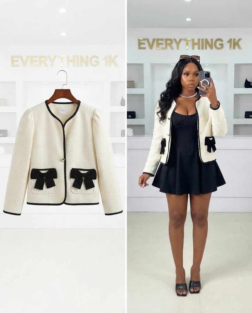 Stylish Bow-Accented Tweed Jacket