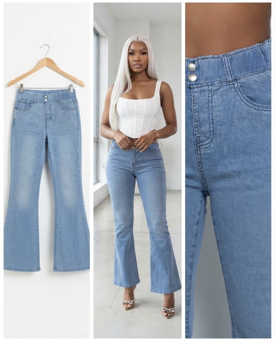 Double-Button Elastic-Waist Flare Jeans 28