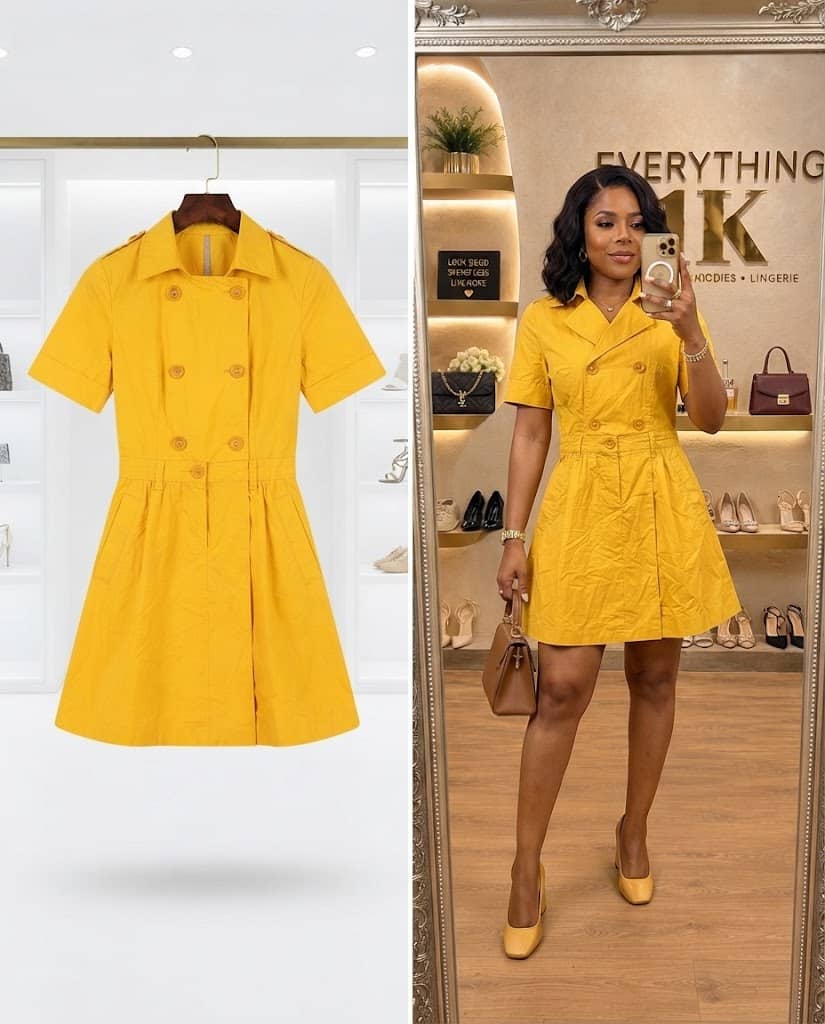 Mustard Yellow Double-Breasted Short-Sleeve Utility Dress