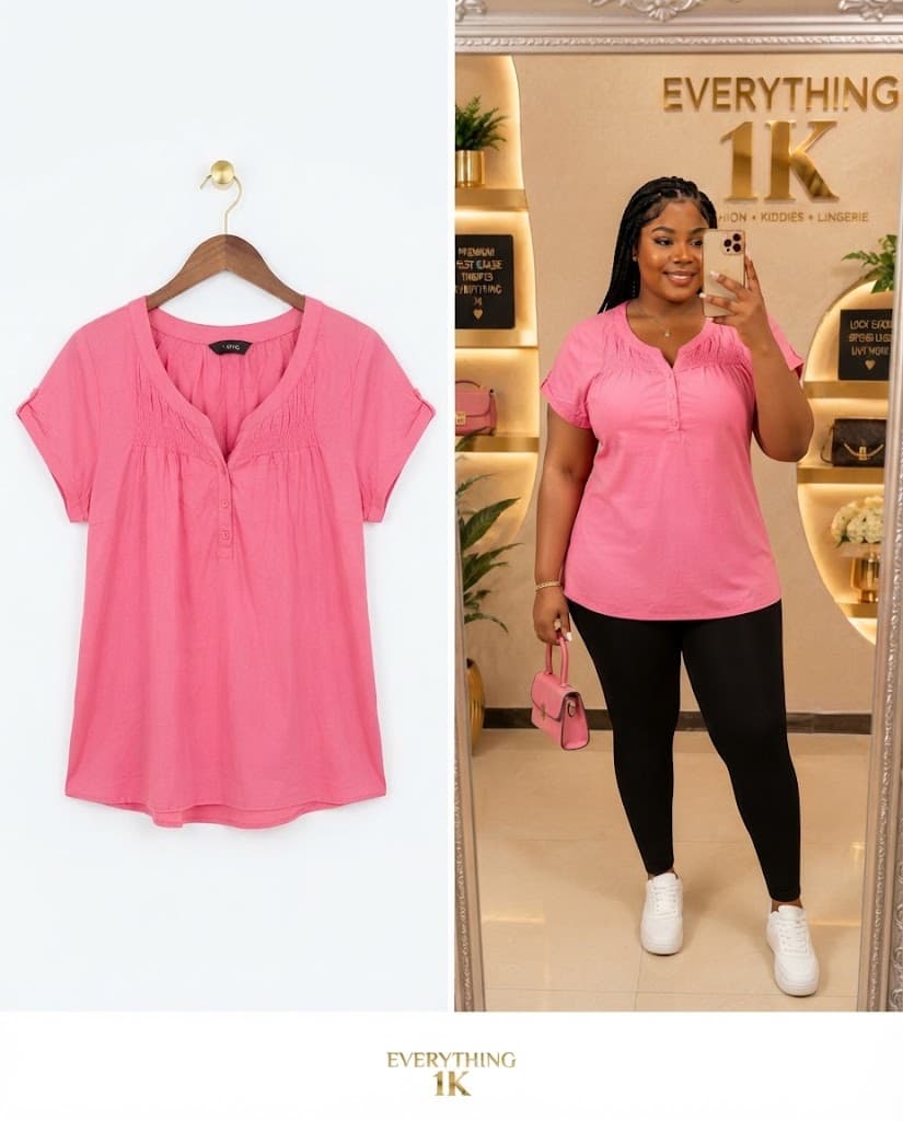 Casual Pink Short-Sleeve Button-Front Tunic Top