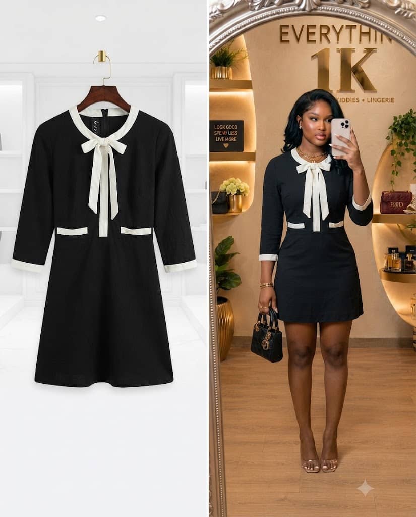 Black Mini Dress with White Collar and Bow Tie