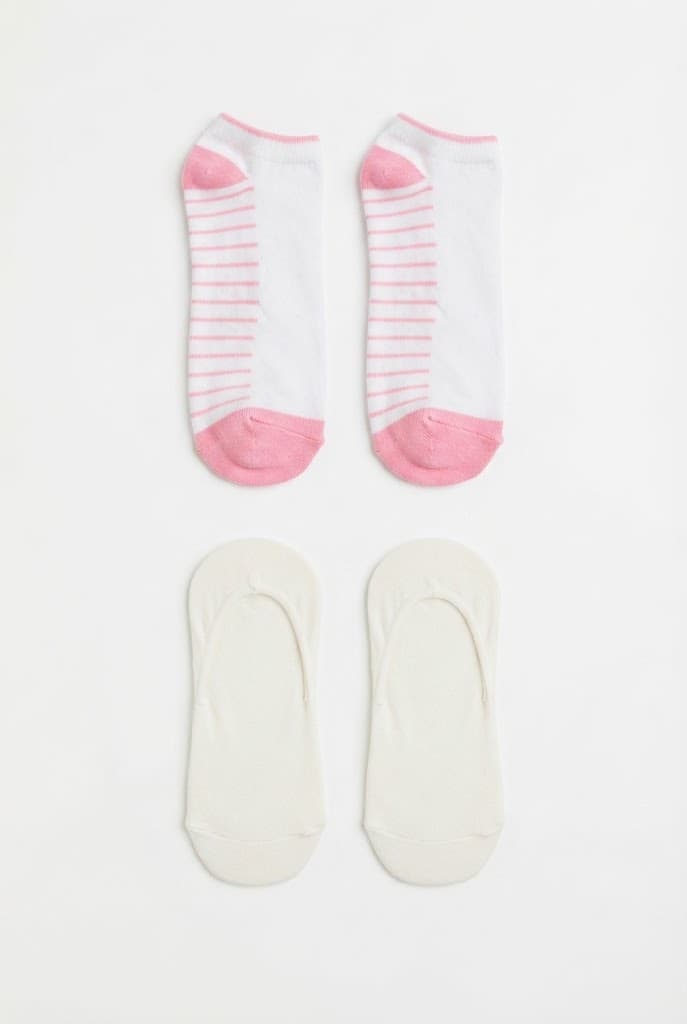 Pink Striped and Solid Cream Low-Cut Socks (2-Pack)