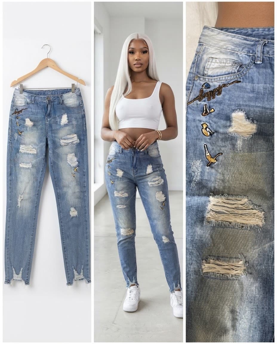 Distressed Light Wash Jeans with Embroidered Accents 30