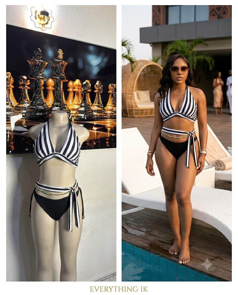 Black and White Striped Halter Bikini with Wrap Belt