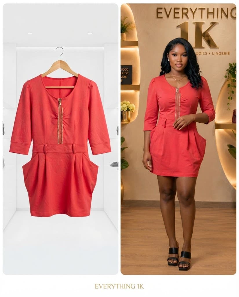 Coral-Red Zip-Front Utility Dress