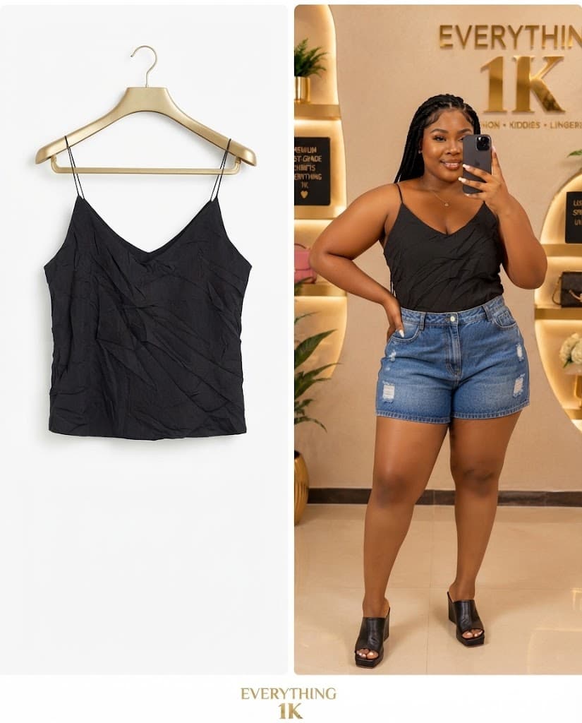 Casual Black Crinkled Cami Top with Thin Straps
