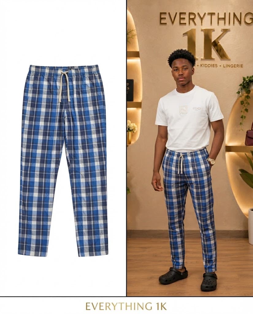 Blue & White Plaid Drawstring Trousers