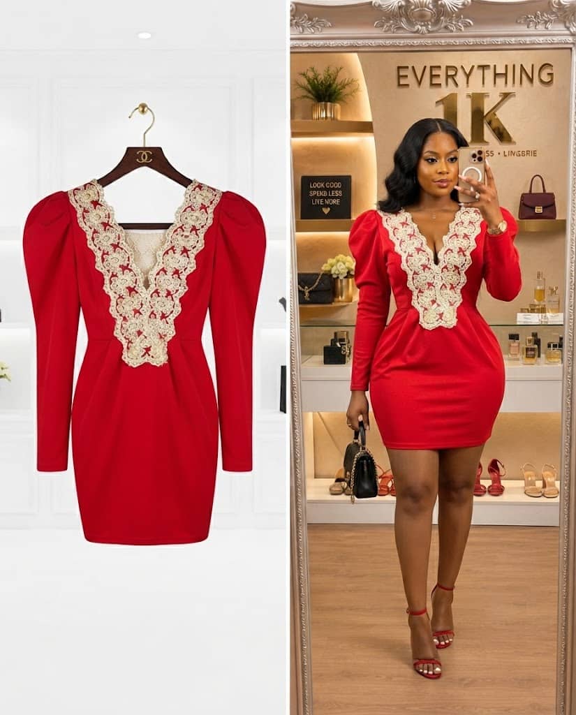 Red Long-Sleeve Dress With Gold Lace Appliqué