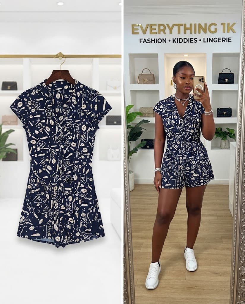 Navy Blue Printed V-Neck Short Romper