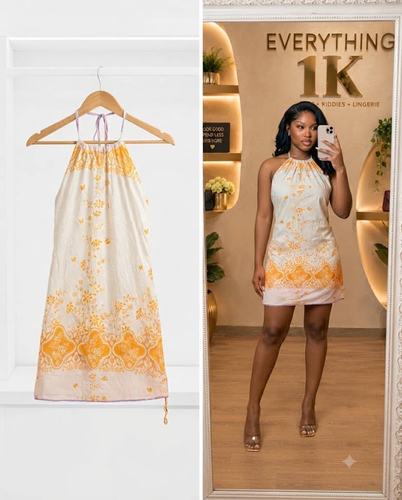 White and Yellow Floral Halter-Neck Mini Dress