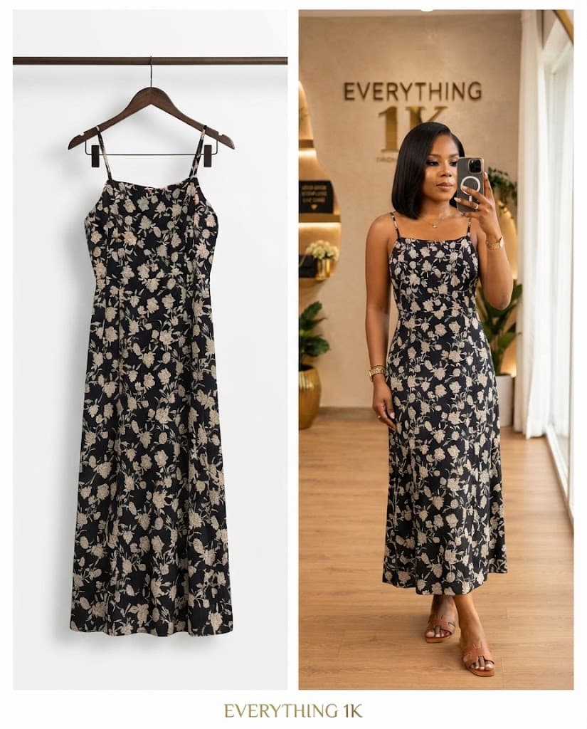 Black Neutral Floral Print Midi Dress