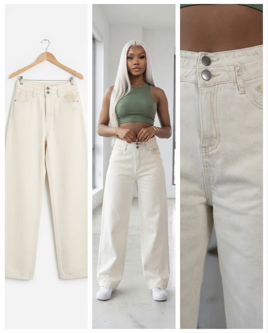Cream High-Waist Double-Button Trousers 28
