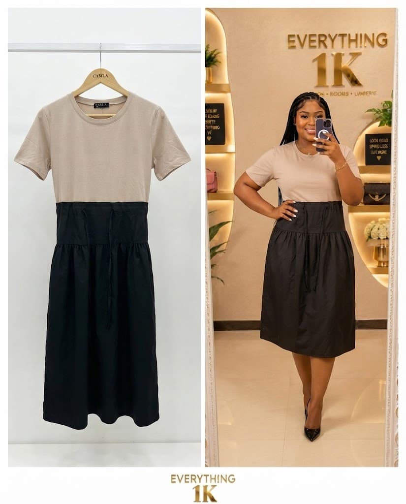 Taupe and Black Two-Tone Drawstring Dress