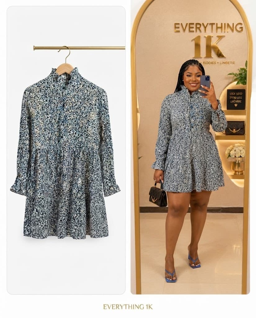 Blue Ditsy Floral Ruffle Long-Sleeve Mini Dress