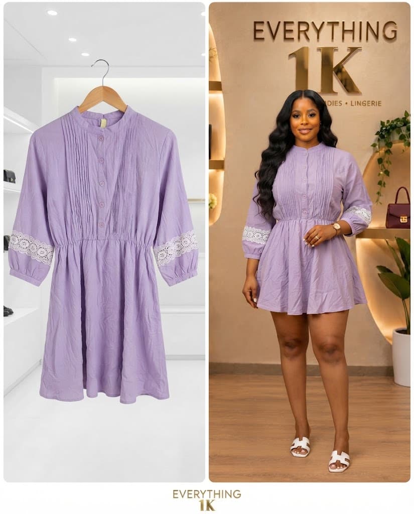 Lilac Pleated Lace-Trim Dress