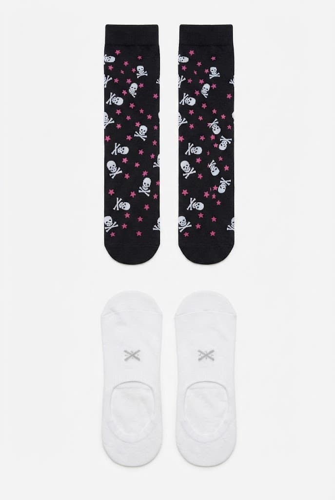 Skull Print and White Low-Cut Socks (2-Pack)