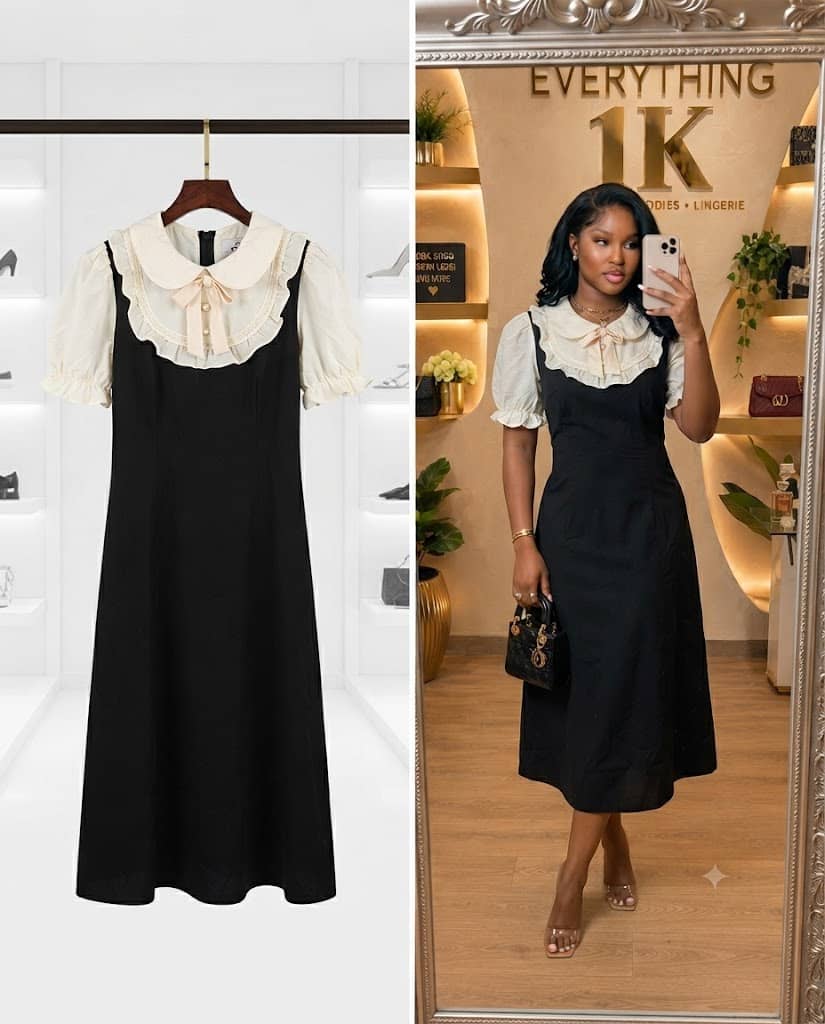 Black Midi Dress with Contrast White Collar and Bow