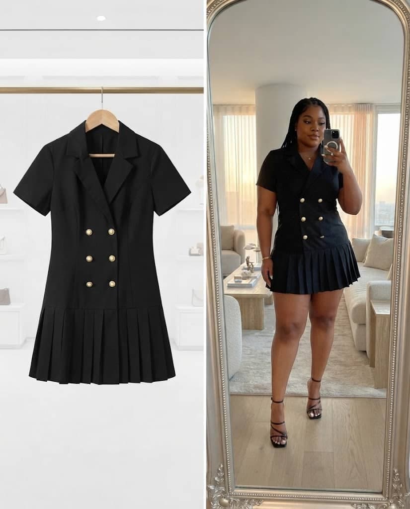 Black Double-Breasted Pleated Skirt Mini Dress