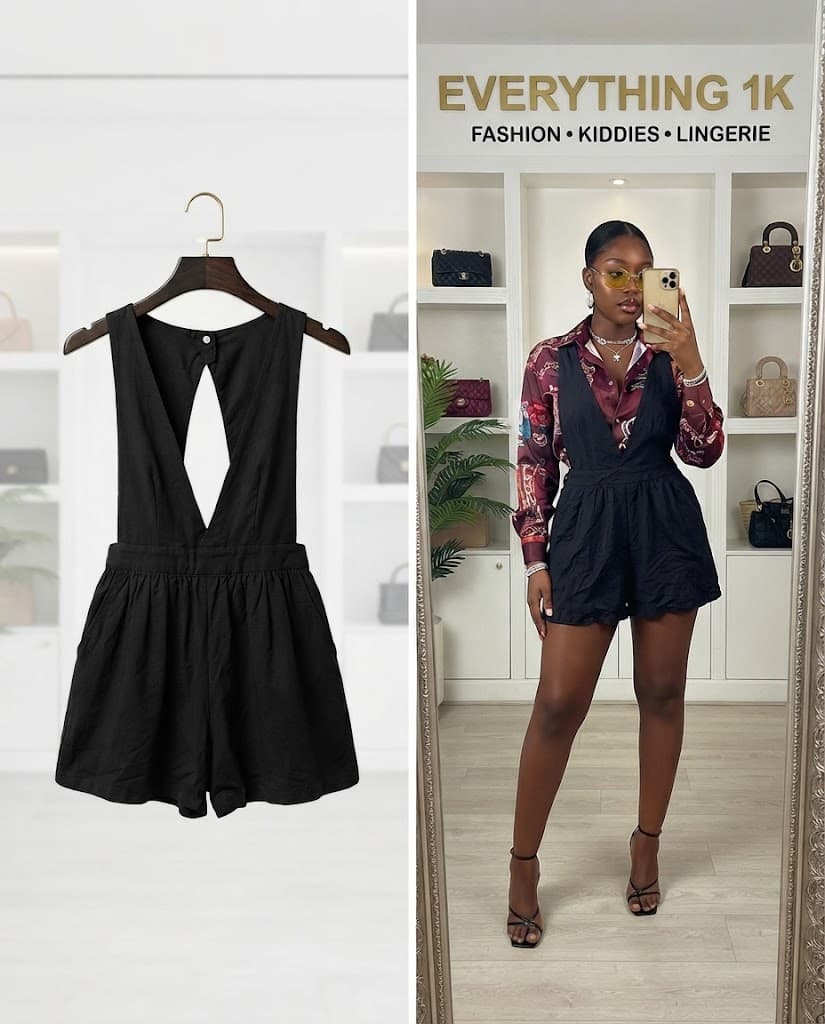 Black Open-Back V-Strap Shorts Jumpsuit