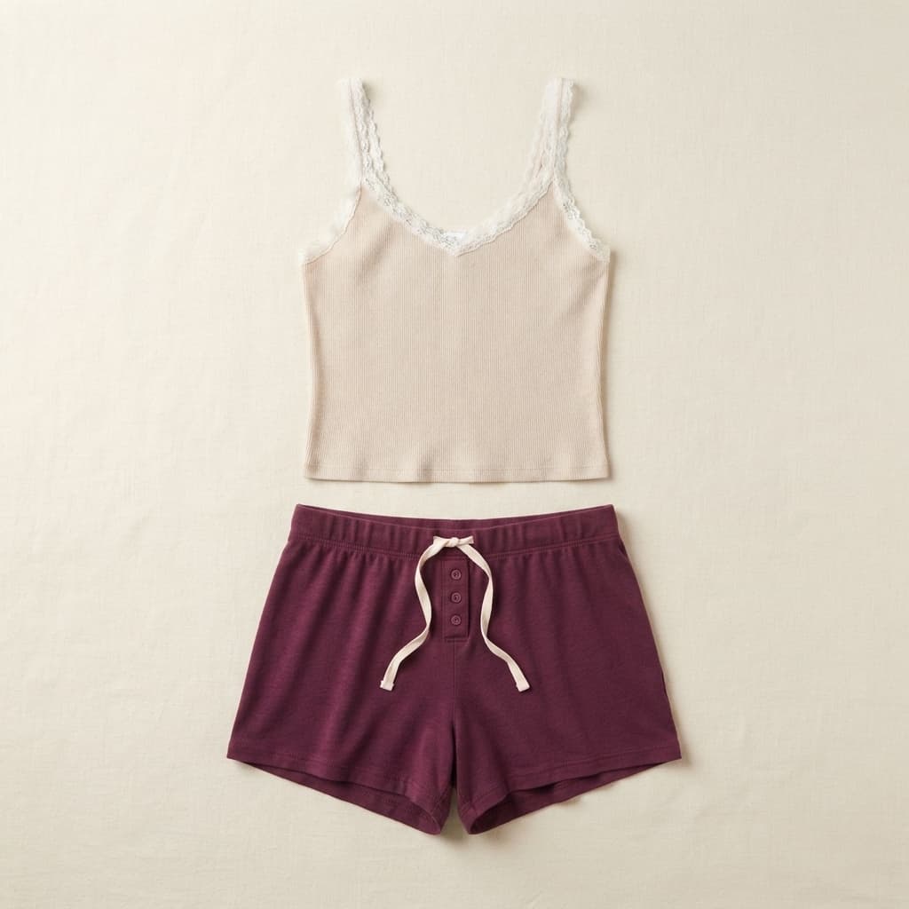 Lace-Trim Beige Cami & Berry Button-Detail Shorts