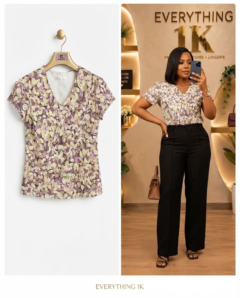 Casual Purple and Yellow Floral Short-Sleeve Blouse