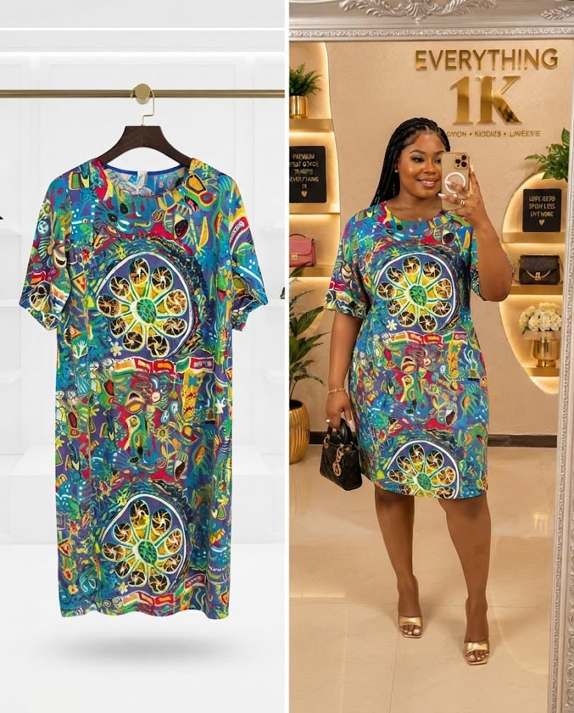 Abstract Art Print Short Sleeve casual Midi Dress