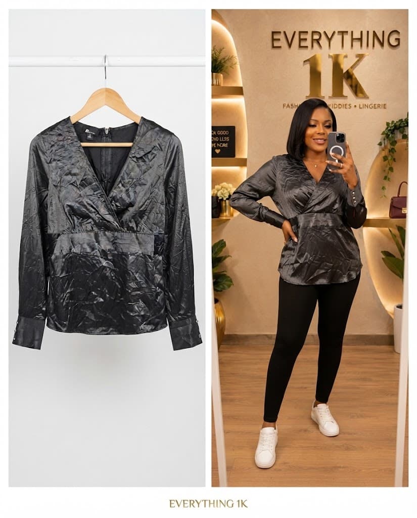 Party Charcoal Textured Wrap-Style Blouse