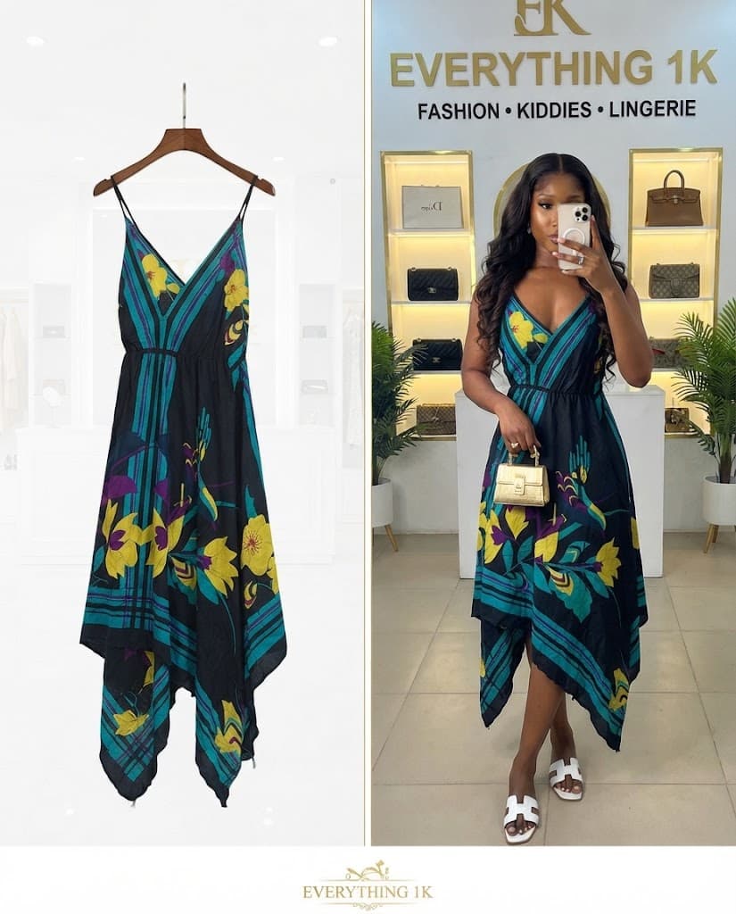 Black and Yellow Floral Asymmetrical Hem Midi Dress