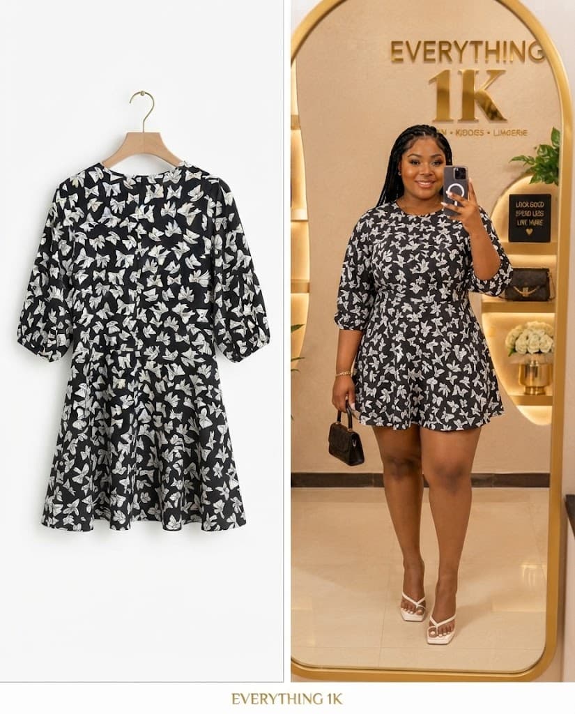 Black Bow-Print Three-Quarter Sleeve Mini Dress
