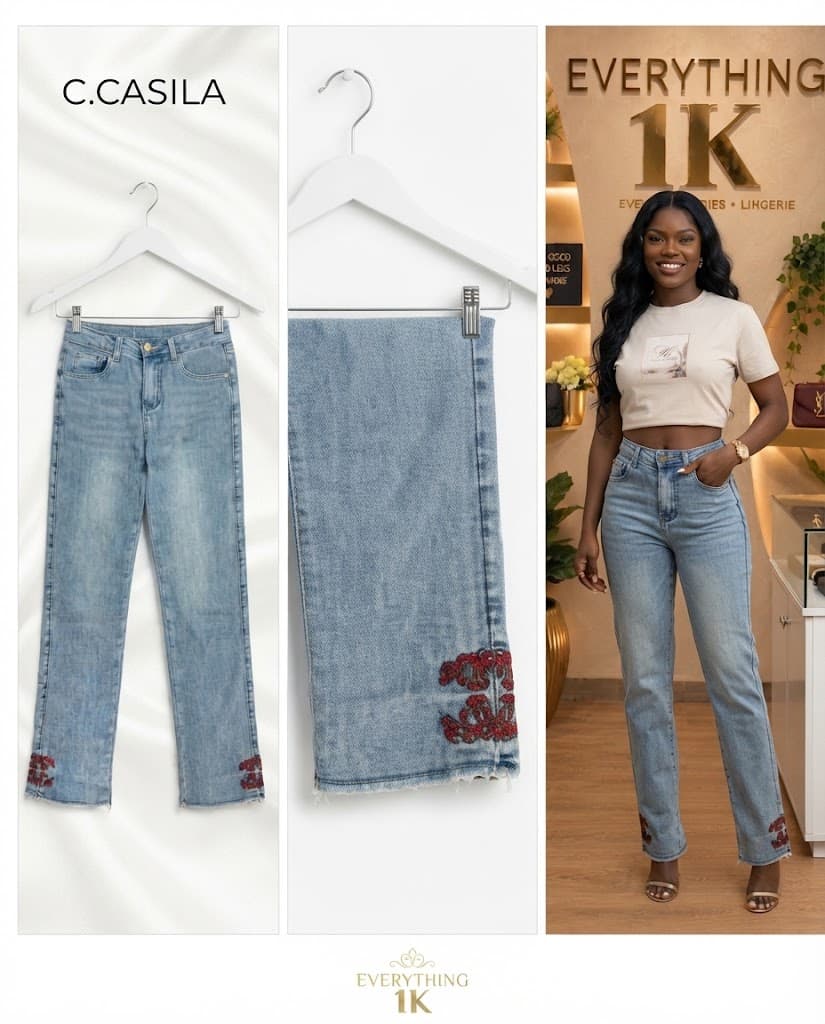 Casual chanel Embroidered Hem Straight-Leg Jeans 26/27