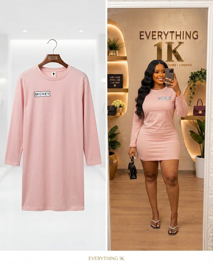 Pink Casual Mickey Mouse Long-Sleeve T-Shirt Dress