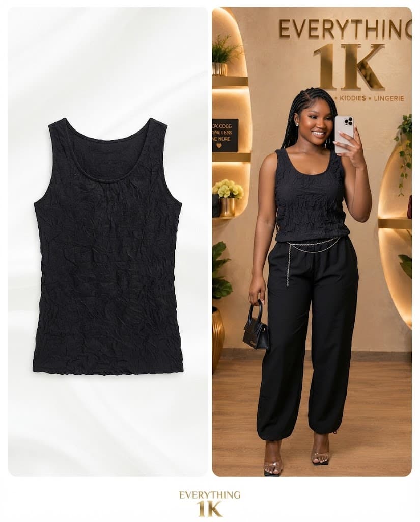 Casual Black Crinkled Scoop-Neck Tank Top