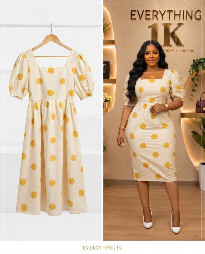 Cream & Mustard Polka Dot Puff-Sleeve Dress