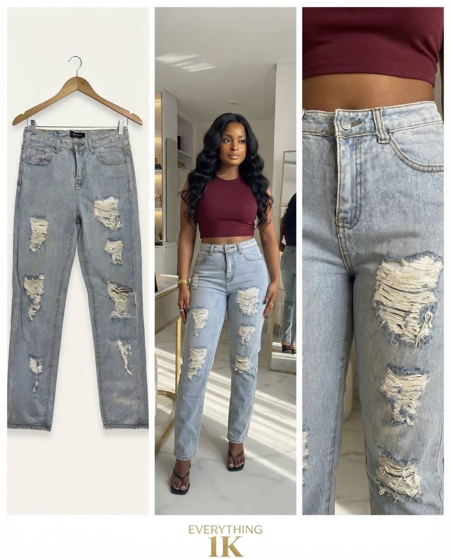 Heavy Distressed Light Wash Straight-Leg Jeans 30