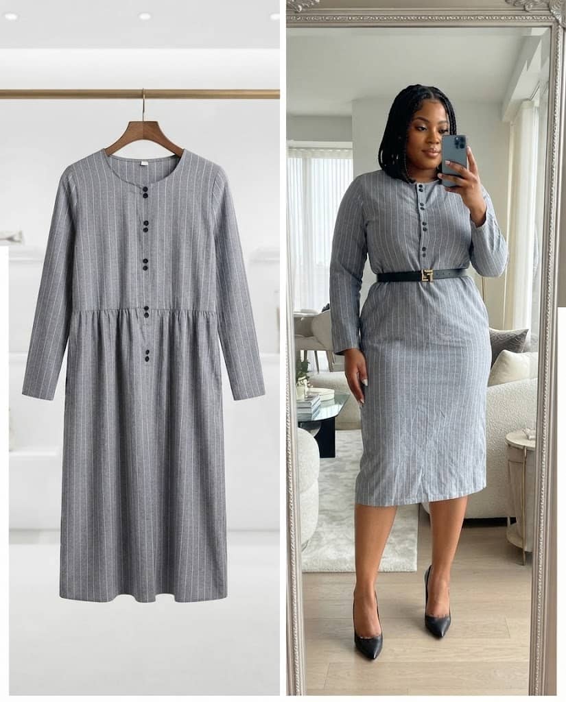 Grey Pinstripe Button-Front Midi Shirt Dress