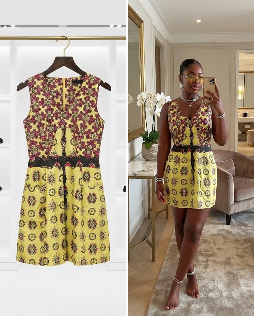 Yellow and Pink Floral Patterned Sleeveless Mini Dress